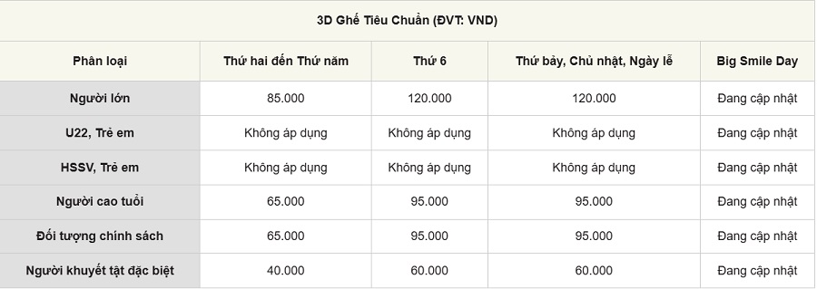 Bảng giá vé Lotte Cinema Hạ Long phòng chiếu 3D