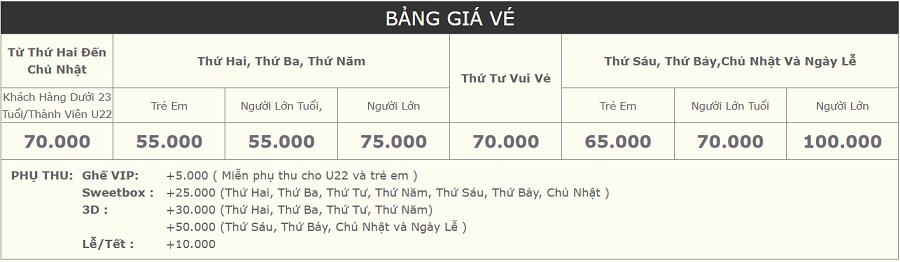 Bảng giá vé CGV Vincom Hạ Long