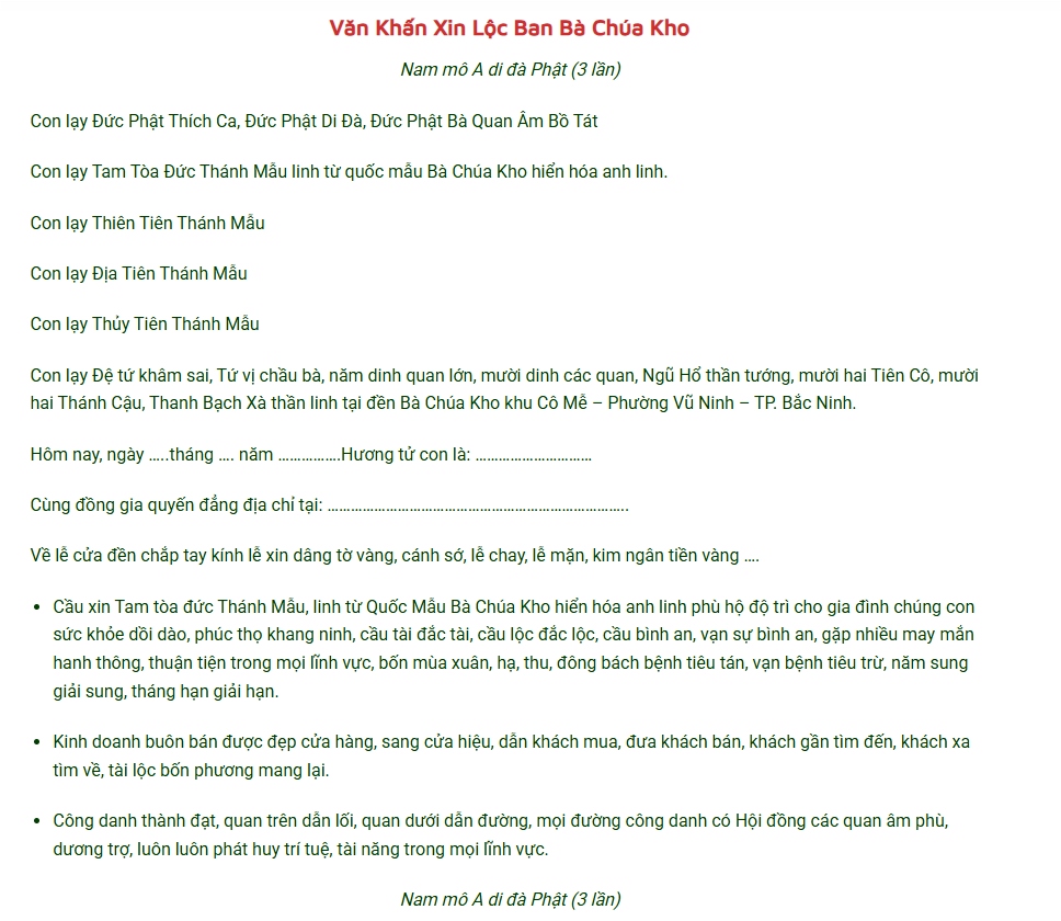 Đền Bà Chúa Kho Văn khấn đền Bà Chúa Kho