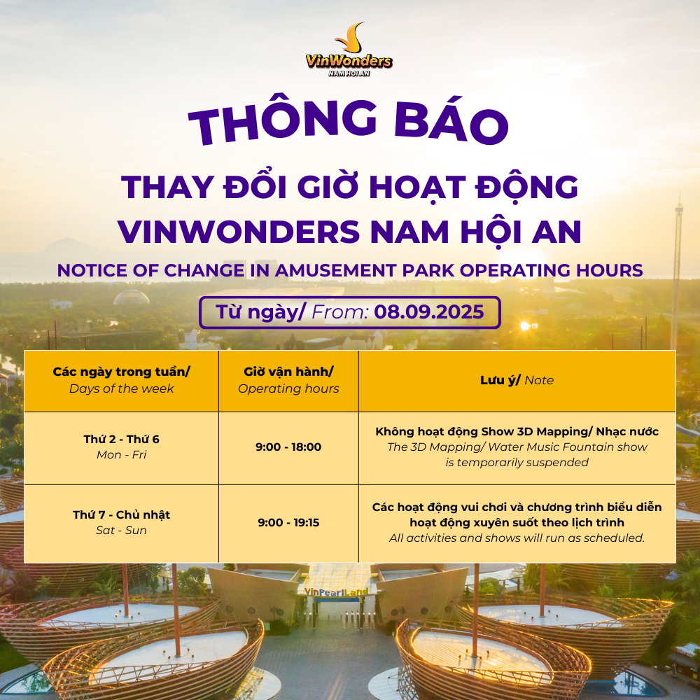 Thông báo thay đổi thời gian vận hành VinWonders Nam Hội An