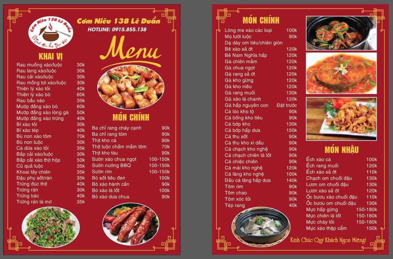 Menu cơm niêu 138 Lê Duẩn Hà Tĩnh