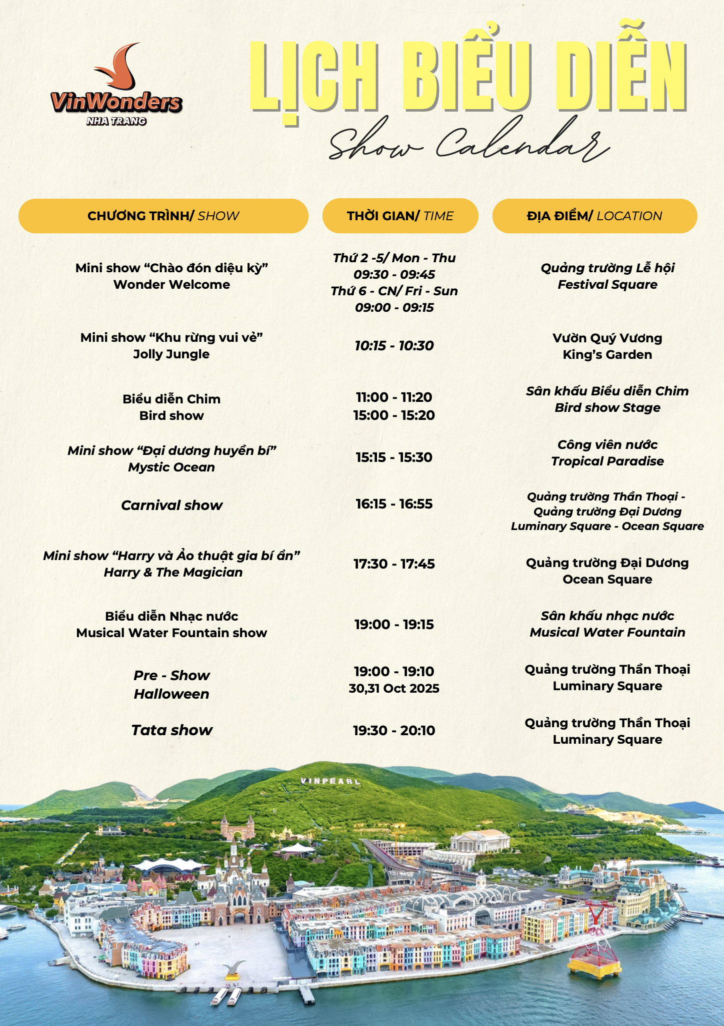 Lịch biểu diễn VinWonders Nha Trang