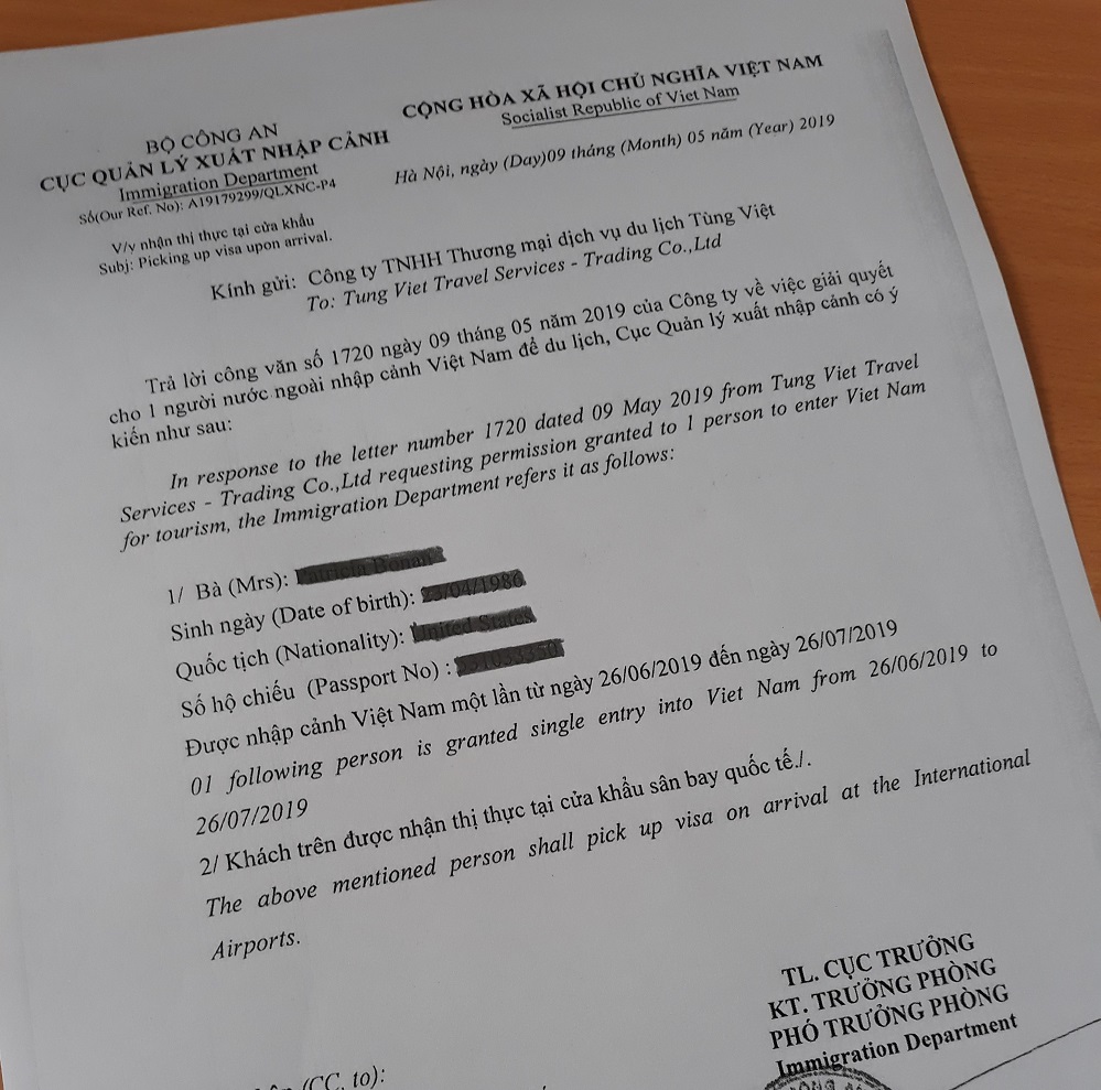 Vietnam visa approval letter