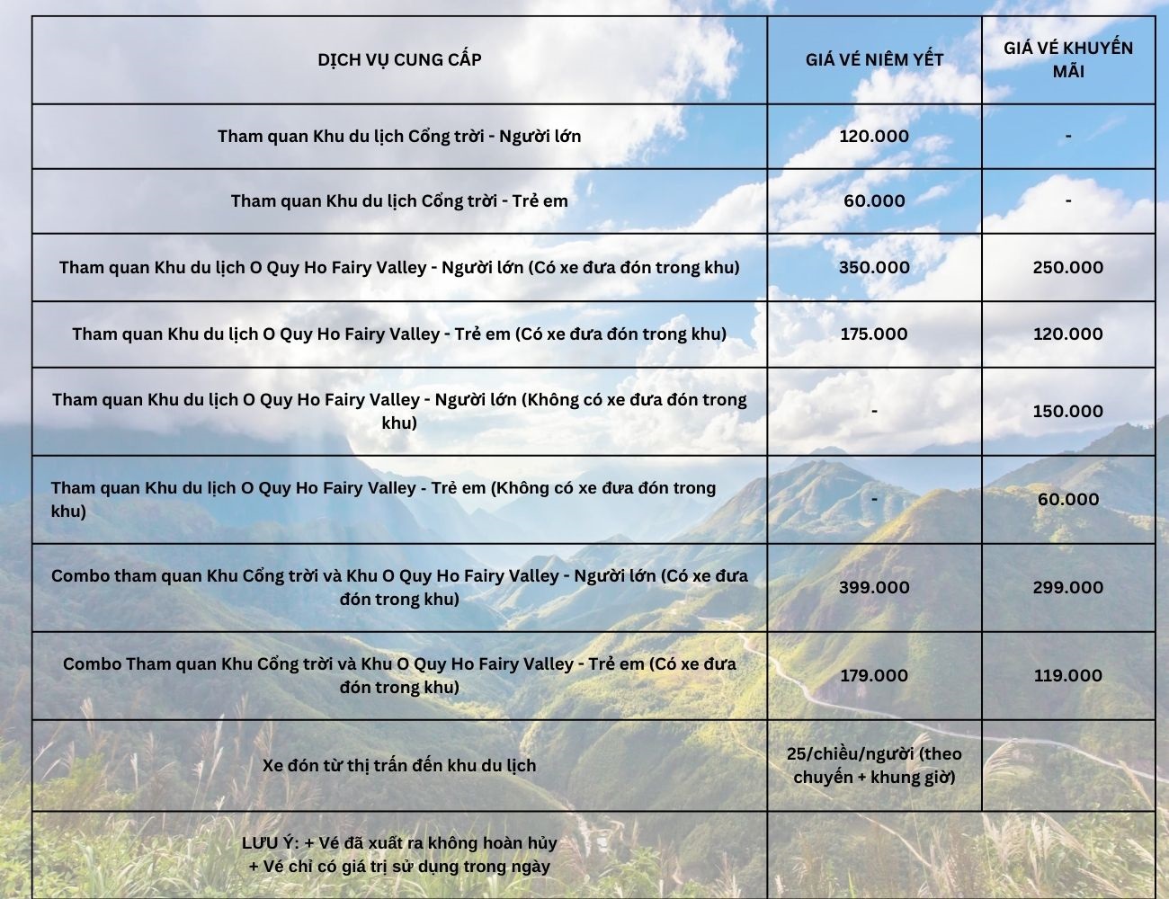 Bảng giá vé cổng trời Sa Pa