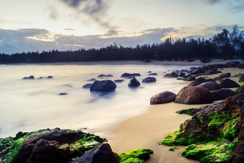 Vẻ đẹp của những tảng đá màu nâu xen lẫn với rêu phong xanh tạo nên một bức tranh tuyệt hảo tại biển Hàm Rồng Huế 