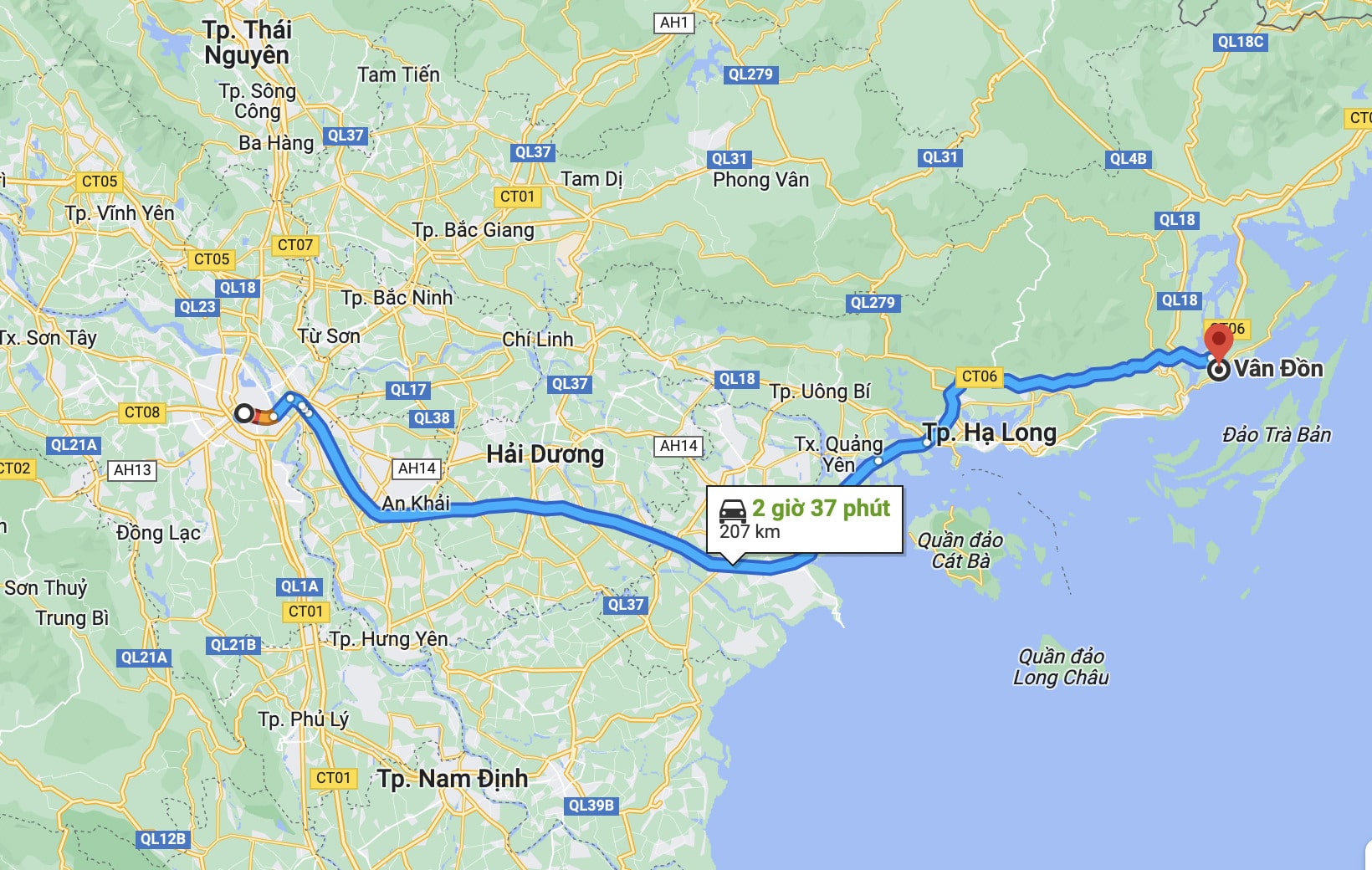 Cung đường di chuyển từ Hà Nội đến biển Vân Đồn
