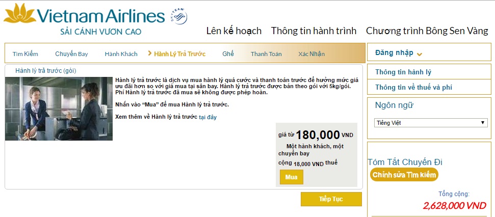 đặt vé máy bay Vietnam Airlines Các dịch vụ phụ trợ như chỗ ngồi, hành lý…