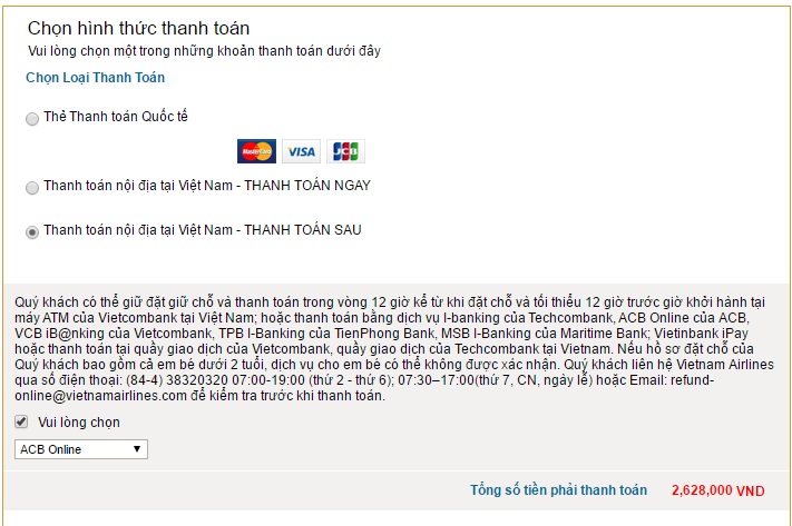 đặt vé máy bay Vietnam Airlines Thanh toán nhanh chóng