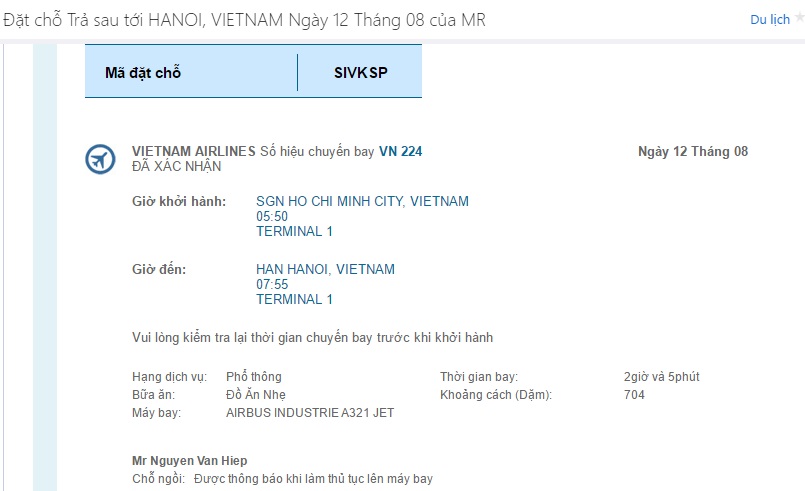 đặt vé máy bay Vietnam Airlines Thanh toán thành công