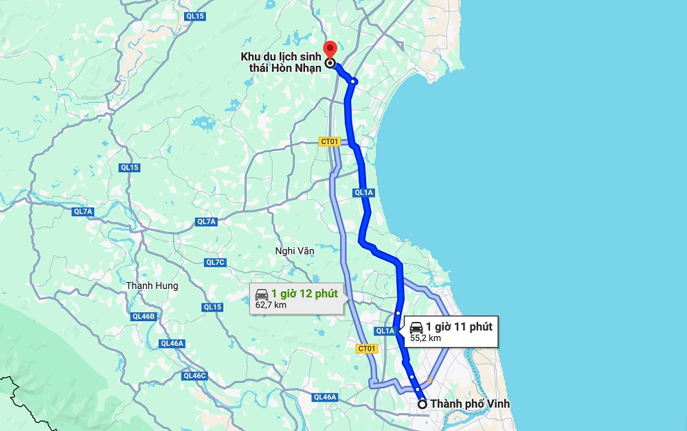 Cung đường di chuyển từ thành phố Vinh tới Hòn Nhạn Diễn Đoài