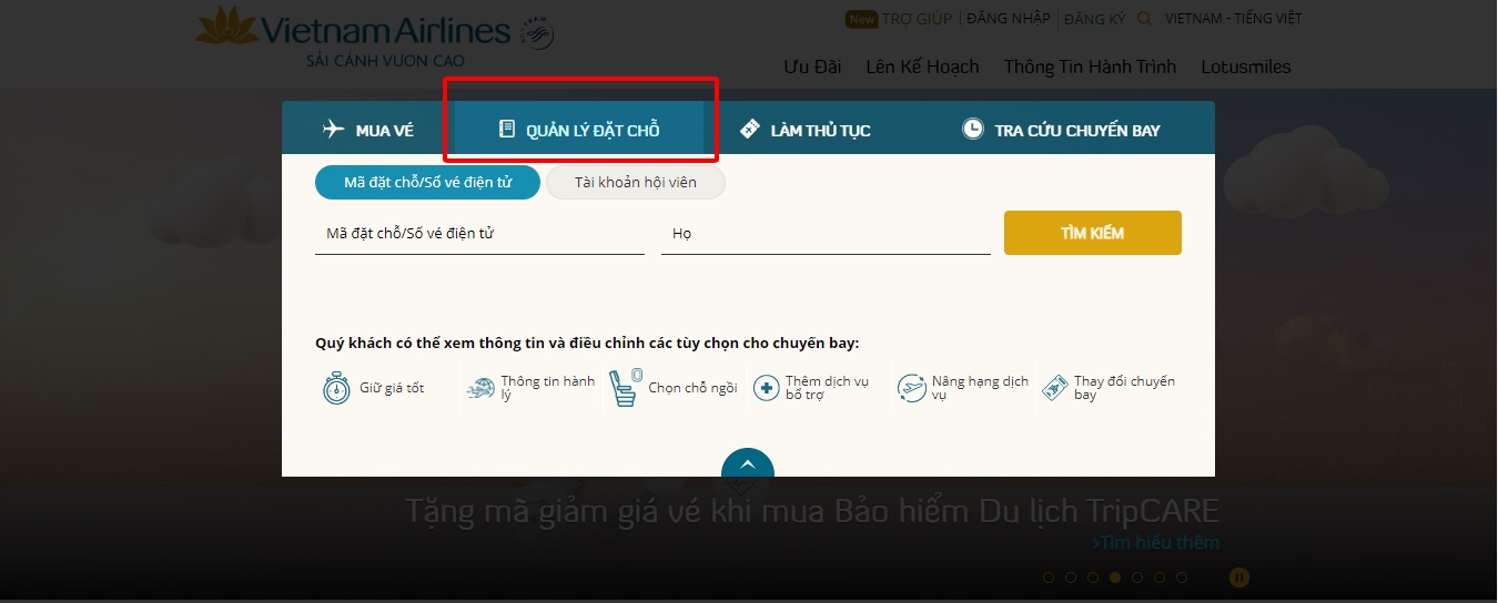 Kiểm tra vé máy bay Vietnam Airlines Giao diện của trang web chính thức Vietnam Airlines
