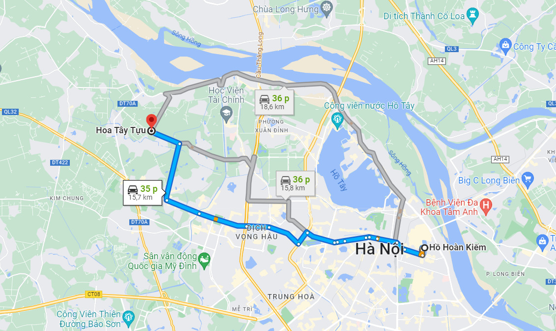 Đường đi làng hoa Tây Tựu xuất phát từ hồ Hoàn Kiếm