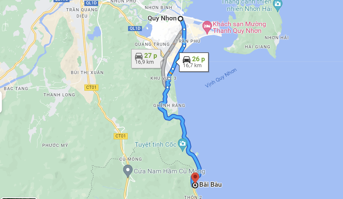 Đường đi từ trung tâm thành phố Quy Nhơn