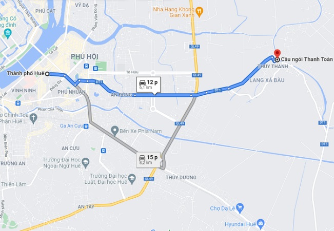 The way to Thanh Toan Bridge Hue Vietnam on Google Maps