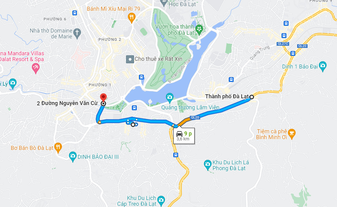 Cung đường di chuyển tới quán phở Thưng Đà Lạt từ trung tâm thành phố
