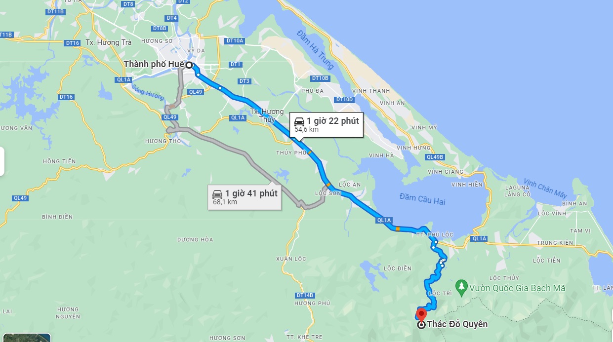 Cung đường di chuyển từ trung tâm thành phố Huế đến thác Đỗ Quyên