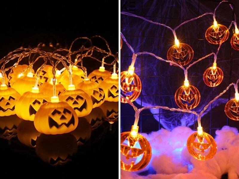 Bạn hãy trang trí cửa ra vào, trần nhà bằng dây đèn trang trí chủ đề Halloween