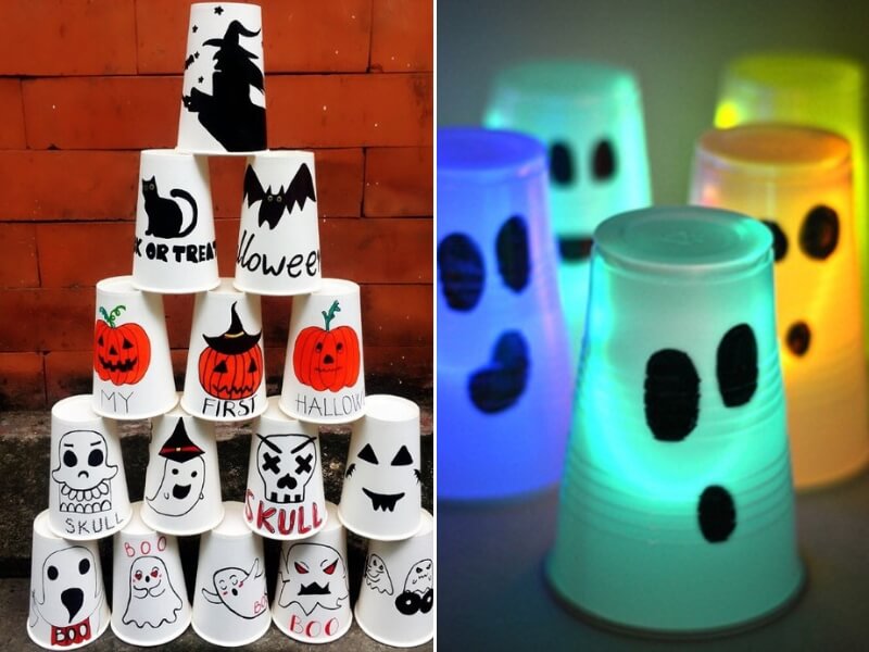 Bạn hãy sáng tạo cốc nhựa giấy thành đồ vật trang trí Halloween thật nổi bật