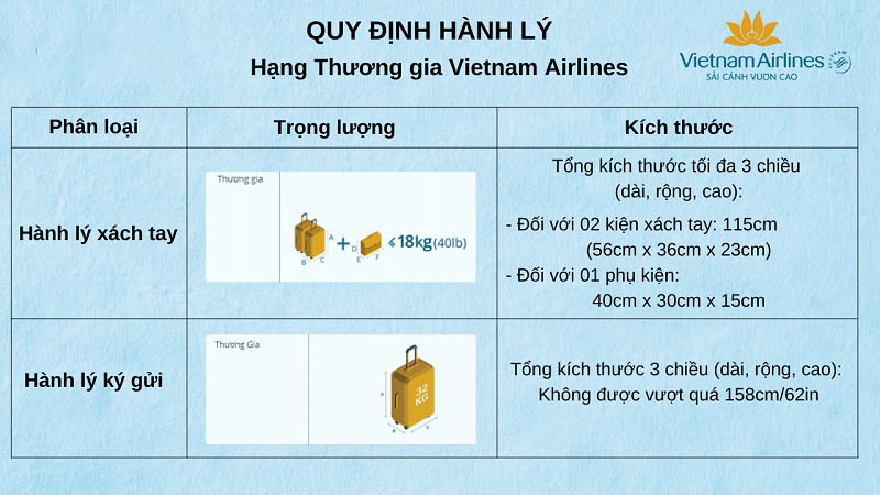Vé thương gia Vietnam Airlines Điều kiện vé thương gia Vietnam Airlines về hành lý