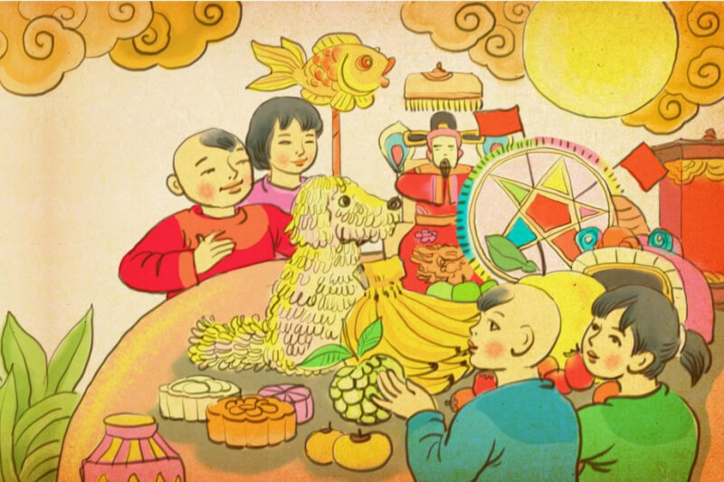 Vẽ tranh Trung thu về mâm cỗ trông Trăng