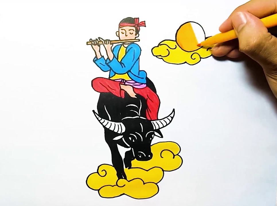 Chú Cuội được vẽ với vẻ mặt vui tươi và tình cảm, ôm sáo và thổi những giai điệu ngọt ngào vào đêm Trung thu