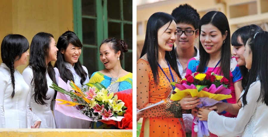 Vietnamese Teacher's Day Students giving their teachers flowers on Vietnamese Teacher’s Day