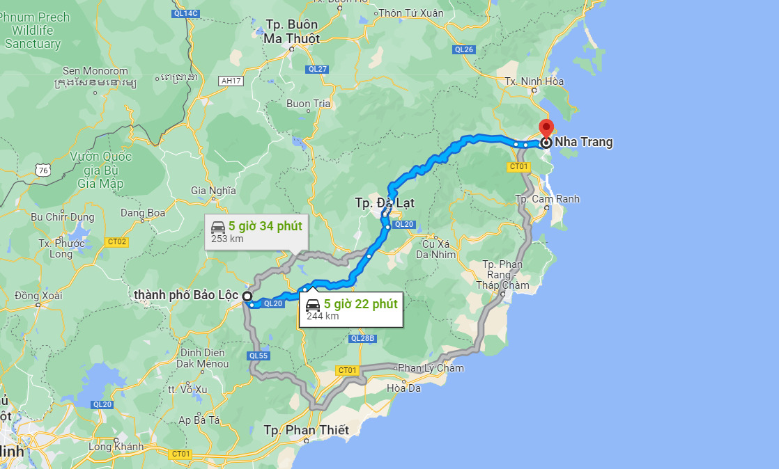 Khoảng cách giữa Bảo Lộc - Nha Trang khoảng 250km